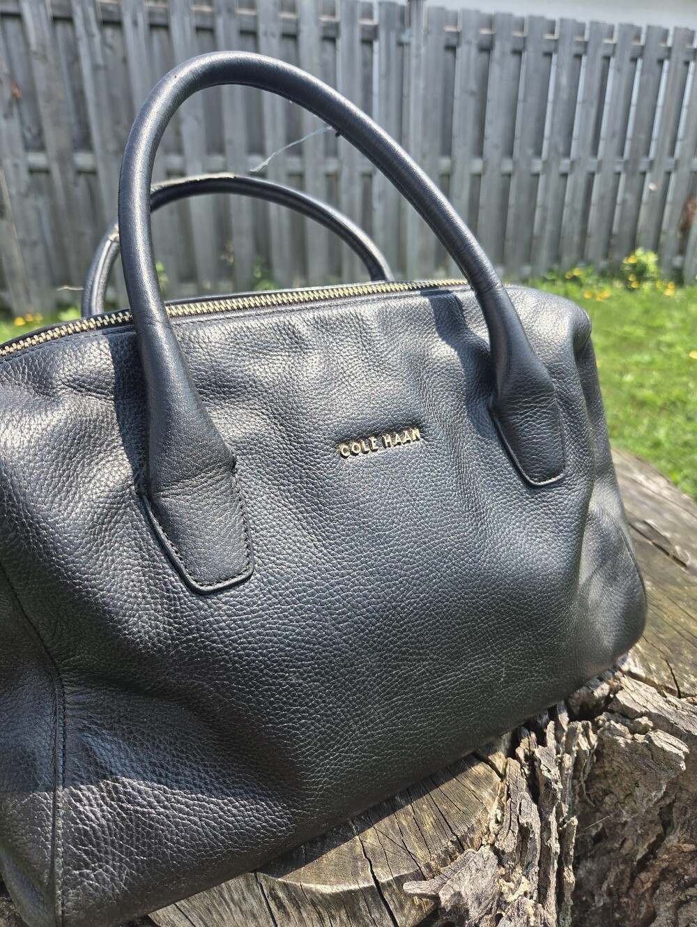 Cole Haan Black Pebbled Leather Satchel with Gold Logo